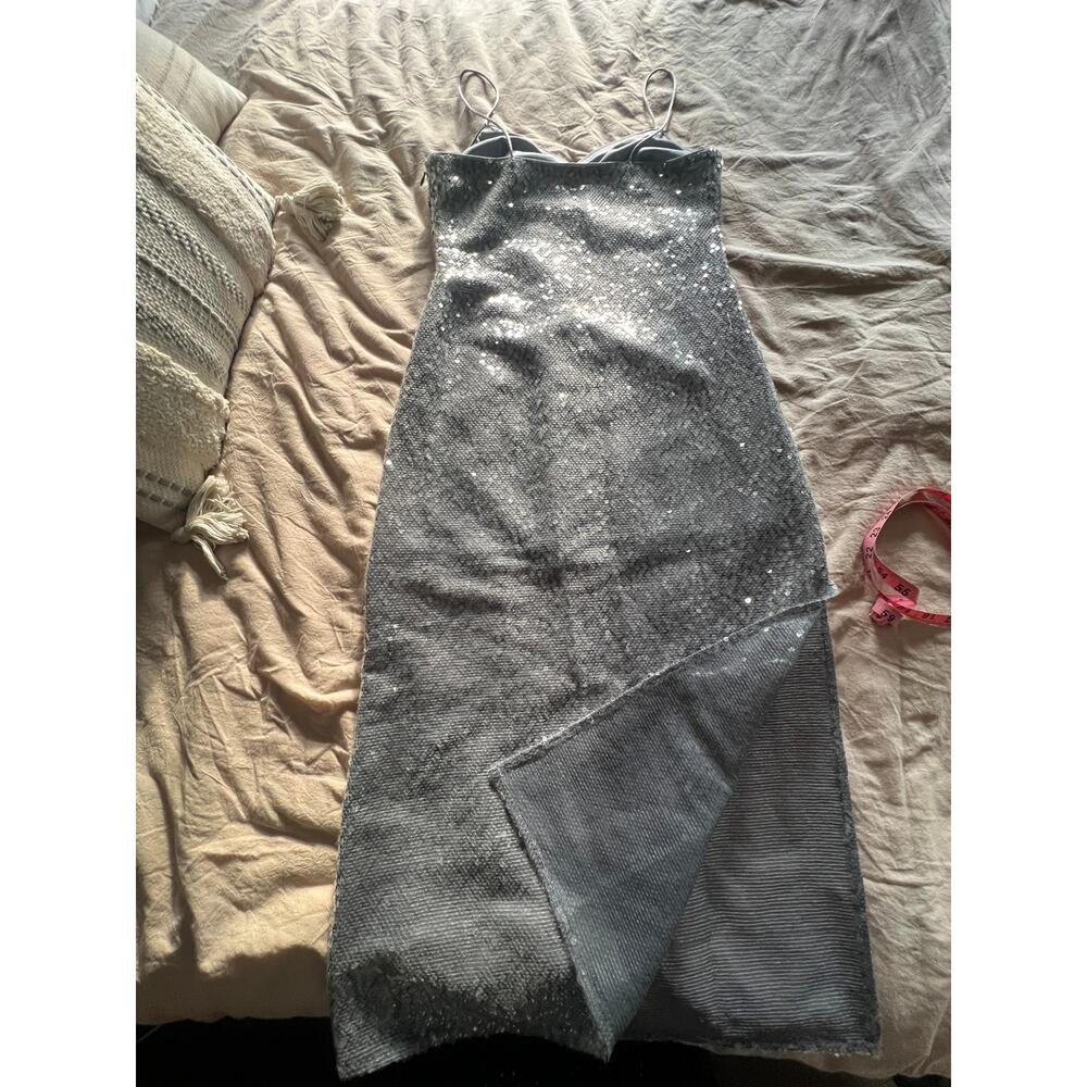Open Edit Silver Sequin Midi Dress NWT Cocktail Party Event Slit Sparkly